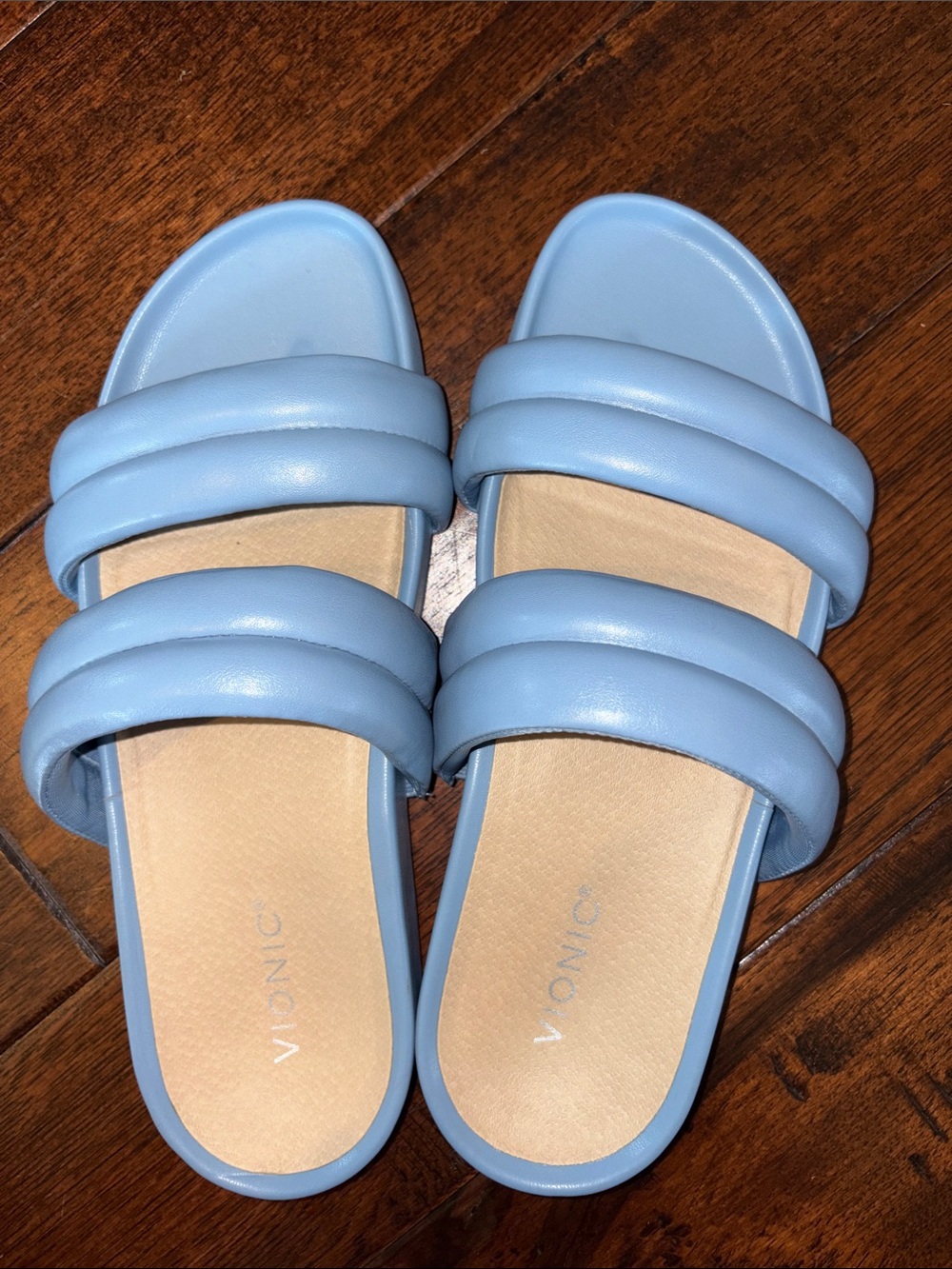 Vionic Women’s Mayla Leather Slide Sandals in light blue
